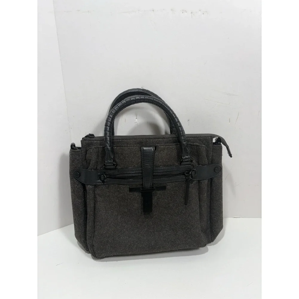 Elliott Lucca Black Gray Wool Satchel Purse Handles Shoulder Strap‎ Leather Trim